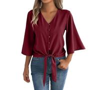 HOOUDO Tshirt Damen Baumwolle Shirt Oberteile Sommer Mit Knopfleiste, V-Ausschnitt, 3/4-Glockenärmeln Und Bindeknoten, Lässige Sommerblusen (Wine, XL) Weisse Blusen Kurz Bluse Kurzarm Spaghetti