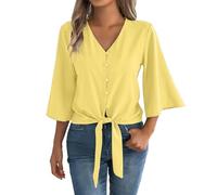 HOOUDO Tshirt Damen Baumwolle Shirt Oberteile Sommer Mit Knopfleiste, V-Ausschnitt, 3/4-Glockenärmeln Und Bindeknoten, Lässige Sommerblusen (Yellow, L) Spitze Weite Strickmantel Lang