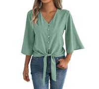 HOOUDO Tshirt Damen Baumwolle Shirt Oberteile Sommer Mit Knopfleiste, V-Ausschnitt, 3/4-Glockenärmeln Und Bindeknoten, Lässige Sommerblusen (Mint Green, L) Blusentops Langarm Damenblusen Kurzarm