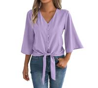 HOOUDO Tshirt Damen Baumwolle Shirt Oberteile Sommer Mit Knopfleiste, V-Ausschnitt, 3/4-Glockenärmeln Und Bindeknoten, Lässige Sommerblusen (Purple, M) Große Größen Schulterfreies T-Shirt Frauen