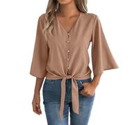 HOOUDO Tshirt Damen Baumwolle Shirt Oberteile Sommer Mit Knopfleiste, V-Ausschnitt, 3/4-Glockenärmeln Und Bindeknoten, Lässige Sommerblusen (Khaki, XL) Große Größen Knopf Spagettiträger Top