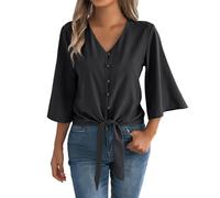 HOOUDO Tshirt Damen Baumwolle Shirt Oberteile Sommer Mit Knopfleiste, V-Ausschnitt, 3/4-Glockenärmeln Und Bindeknoten, Lässige Sommerblusen (Black, S) Asymmetrische Damenshirts Damenkleidung