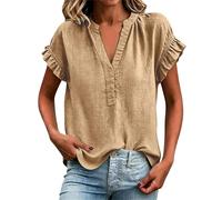 HOOUDO Tshirt Damen Baumwolle Shirt Oberteile Sommer Mit Kurzen Ärmeln Und V-Ausschnitt (Khaki, M) T-Shirt Weiß T V Ausschnitt Tunika Lang Seidenbluse Elegant Rave Klamotten Strandshirt Strand