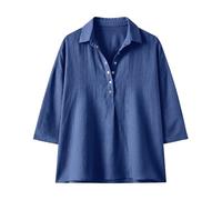 HOOUDO Tshirt Damen Baumwolle Shirt Oberteile Sommer Modische 3/4-Ärmel-Blusen Mit Rundhalsausschnitt, Lässige Und Trendige Print-Blusen, T-Shirts Falten Vorne (Blue, L) Oversize Carmen Kleider
