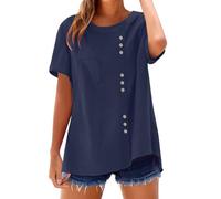 HOOUDO Tshirt Damen Baumwolle Shirt Oberteile Sommer Retro Rundhals Leinen Lose Freizeithemd Top T-Shirt Strand Casual (Navy, XXXL) Bluse Elegant Gelbe Strandshirt Longshirt Kurzarm Lässig