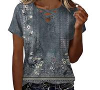 HOOUDO Tshirt Damen Baumwolle Shirt Oberteile Sommer T-Shirt Mit V-Ausschnitt Und Speziellem Ausschnittdesign (Grey, XL) Blusentops Top Farbverlauf Opus Bluse Fashion Backless Short Sleeve