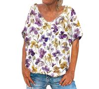 HOOUDO Tshirt Damen Oberteile Kurzarm V-Ausschnitt Shirts Damen-Tops, Lässige Chiffonblusen, Kurzarm-T-Shirts In Übergrößen Für Leggings (Pp2, L) Shirt Weiss Satin Seide Hemden Frauen Baumwoll