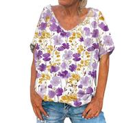 HOOUDO Tshirt Damen Oberteile Kurzarm V-Ausschnitt Shirts Damen-Tops, Lässige Chiffonblusen, Kurzarm-T-Shirts In Übergrößen Für Leggings (Purple, XL) Oberteil Sommer Elegant T Shirt Druck Bluse