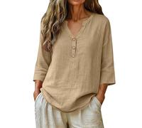 HOOUDO Tshirt Damen Oberteile Kurzarm V-Ausschnitt Shirts Damenbluse Leinen Mit V-Ausschnitt, Knopfleiste Und 3/4-Ärmeln, Lockerer Passform, Einfarbig, Ideal Für Den (Khaki, XXXL) Regenbogen