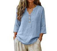 HOOUDO Tshirt Damen Oberteile Kurzarm V-Ausschnitt Shirts Damenbluse Leinen Mit V-Ausschnitt, Knopfleiste Und 3/4-Ärmeln, Lockerer Passform, Einfarbig, Ideal Für Den (Light Blue, M) Regenbogen