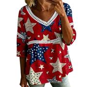 HOOUDO Tshirt Damen Oberteile Kurzarm V-Ausschnitt Shirts Damenbluse Zum 4. Juli Mit V-Ausschnitt, 3/4-Ärmeln, Bubble-Crêpe Amerikanischem Flaggenmuster (Red, XXXL) Bluse Royalblau Butterfly Top