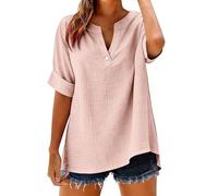 HOOUDO Tshirt Damen Oberteile Kurzarm V-Ausschnitt Shirts Geschnittenes Damenhemd Mit Stehkragen, Einfarbig, Langen Ärmeln (Pink, M) Regenbogen Karobluse Long Tunika Shirt Oversize Lang Oberteil