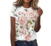 HOOUDO Tshirt Damen Oberteile Kurzarm V-Ausschnitt Shirts Mit Print, Rundhalsausschnitt, Kurzarm, Freizeit-Top (Pink, S) Langarm Spitze Bluse Shirt Vorne Kurz Hinten Lang Spagetti