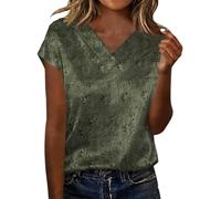 HOOUDO Tshirt Damen Oberteile Kurzarm V-Ausschnitt Shirts Und Bequeme Damenbluse Bedrucktem Satin (Blackish Green, M) Top Mintgrün Shirt V Ausschnitt Raglan Striped Karohemd Oversize Oversized