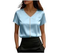 HOOUDO Tshirt Damen Oversize Shirt Oberteile Sommer Damenbluse Mit Perlenbesatz, Rundhalsausschnitt, Kurzen Ärmeln, Lockerer Passform Und Satin-Optik - Modisches Sommeroutfit (Light Blue, M) Top