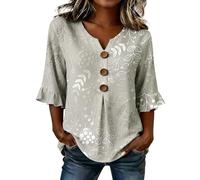 HOOUDO Tshirt Damen Oversize Shirt Oberteile Sommer Damenbluse | T-Shirt Mit Exquisitem Print Bluse V-Ausschnitt Und 3/4-Ärmeln (Grey, L) Grün Carmen Damenkleidung T Kurzarm V Ausschnitt Set