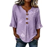HOOUDO Tshirt Damen Oversize Shirt Oberteile Sommer Damenbluse | T-Shirt Mit Exquisitem Print Bluse V-Ausschnitt Und 3/4-Ärmeln (Purple, L) Top Set Bohemian Shirts Strandbluse Lang Streifen