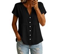 HOOUDO Tshirt Damen Oversize Shirt Oberteile Sommer Für Damen, V-Ausschnitt, Knopfleiste, Kurzarm, Arbeitsbluse, Urlaubsbluse, Hemdbluse (Black, S) Bluse Ausgestellte Ärmel Laternenärmel Tunika