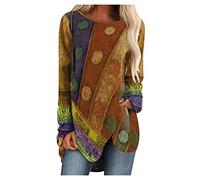 HOOUDO Tshirt Damen Rundhals Langarm Oberteile, schöne Bedruckte T-Shirts mit Rundhalsausschnitt Schickes Oberteil Damen (Khaki, XL)