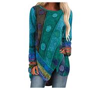 HOOUDO Tshirt Damen Rundhals Langarm Oberteile, schöne Bedruckte T-Shirts mit Rundhalsausschnitt Schickes Oberteil Damen (Green, L)