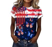 HOOUDO Tshirt Damen Rundhals Oversize Tunika Kurzarm Oberteile Bedrucktes Damenoberteil, Kurzarmbluse, Kurzarm-T-Shirt, Rundhals-T-Shirt (Blue, S) Fledermaus Shirt Spitzentop Weiß Business