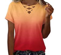 HOOUDO Tshirt Damen Rundhals Oversize Tunika Kurzarm Oberteile T-Shirt Mit V-Ausschnitt Und Speziellem Ausschnittdesign (Orange, M) Shirt Bauchfrei Sommer Whisky Beige Sexy Oberteil