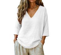 HOOUDO Tshirt Damen Sommer Basic Shirt Oberteile Damenbluse Leinen Mit V-Ausschnitt, 3/4-Ärmeln, Lockerer Passform Und Einfarbigem - Perfekt Für Den (White, XXXXXL) Oversize Schwarz Glitzer