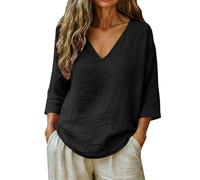 HOOUDO Tshirt Damen Sommer Basic Shirt Oberteile Damenbluse Leinen Mit V-Ausschnitt, 3/4-Ärmeln, Lockerer Passform Und Einfarbigem - Perfekt Für Den (Black, XXXL) Regenbogen Los Angeles