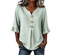 HOOUDO Tshirt Damen Sommer Basic Shirt Oberteile Damenbluse Mit V-Ausschnitt, 3/4-Ärmeln, Manschetten Und Knopfleiste, Lässiges, Locker Sitzendes Hemd Für Den Alltag & (Green, XXL) Trachten