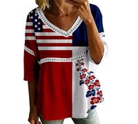 HOOUDO Tshirt Damen Sommer Basic Shirt Oberteile Damenbluse Zum 4. Juli Mit V-Ausschnitt, 3/4-Ärmeln, Bubble-Crêpe Amerikanischem Flaggenmuster (Red, M) Kurzarm Bluse Elegant Schwarze Chiffon