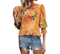 HOOUDO Tshirt Damen Sommer Basic Shirt Oberteile Für Damen: V-Ausschnitt-T-Shirt, 3/4-Ärmel, Lässiges Shirt, Lockere Passform, Größen Xl-5Xl (Orange, XXL) Satin Bluse Carmen Print Shirts V