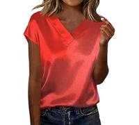HOOUDO Tshirt Damen Sommer Basic Shirt Oberteile In Übergrößen Mit V-Ausschnitt, Kurzarm, Freizeittops, Lockere Passform, Bluse (Red, M) Uboot Ausschnitt Musselin Kurzarm Verlängerung Große