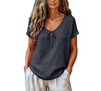 HOOUDO Tshirt Damen Sommer Basic Shirt Oberteile Kurzarm-T-Shirt Mit Schleife Vorne Und Farbigem Kragen (Dark Gray, L) Elegant Top Opus Bluse Leinen Pullover Weiss Spitzenshirt Musselin Blusen