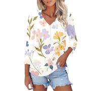 HOOUDO Tshirt Damen Sommer Basic Shirt Oberteile Mit V-Ausschnitt, 3/4-Ärmeln Und Lässig-Sexy Print (Modelljahr 2026) (Multicolor, XL) Lässige Baumwolle Kurzarmshirt Elegant Chiffonbluse Viskose
