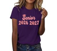 HOOUDO Tshirt Damen Tops Sommer Rundhals Oberteile Elegant 2026, T-Shirt Der Abschlussklasse Freizeit-T-Shirt Für Lehrer Im Abschlussjahrgang, (Purple, XXXL) Bluse Chiffon Gerippt Strick