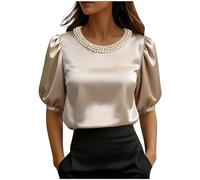 HOOUDO Tshirt Damen Tops Sommer Rundhals Oberteile Elegant Damenbluse Mit Perlenbesatz, Rundhalsausschnitt, Langen Ärmeln, Einfarbig, Locker Geschnitten, Satin - Modisches Sommeroutfit (Khaki,