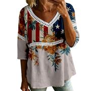 HOOUDO Tshirt Damen Tops Sommer Rundhals Oberteile Elegant Damenbluse Zum 4. Juli Mit V-Ausschnitt, 3/4-Ärmeln, Bubble-Crêpe Amerikanischem Flaggenmuster (Light Ashy, M) Top Mujer Elegante