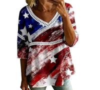 HOOUDO Tshirt Damen Tops Sommer Rundhals Oberteile Elegant Damenbluse Zum 4. Juli Mit V-Ausschnitt, 3/4-Ärmeln, Bubble-Crêpe Amerikanischem Flaggenmuster (White, XXXXXL) Damenbekleidung In
