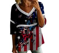 HOOUDO Tshirt Damen Tops Sommer Rundhals Oberteile Elegant Damenbluse Zum 4. Juli Mit V-Ausschnitt, 3/4-Ärmeln, Bubble-Crêpe Amerikanischem Flaggenmuster (Dark Blue, XXXXXL) Große Größen Für