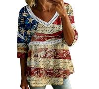 HOOUDO Tshirt Damen Tops Sommer Rundhals Oberteile Elegant Damenbluse Zum 4. Juli Mit V-Ausschnitt, 3/4-Ärmeln, Bubble-Crêpe Amerikanischem Flaggenmuster (Beige, XXXXL) Baumwoll Spitze T-Shirt