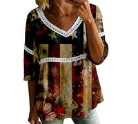 HOOUDO Tshirt Damen Tops Sommer Rundhals Oberteile Elegant Damenbluse Zum 4. Juli Mit V-Ausschnitt, 3/4-Ärmeln, Bubble-Crêpe Amerikanischem Flaggenmuster (Red, XXXXXL) T Shirt Schwarz Crop Top