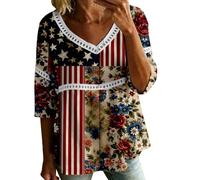 HOOUDO Tshirt Damen Tops Sommer Rundhals Oberteile Elegant Damenbluse Zum 4. Juli Mit V-Ausschnitt, 3/4-Ärmeln, Bubble-Crêpe Amerikanischem Flaggenmuster (Red, XXXXL) Grünes Top Oversize