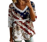 HOOUDO Tshirt Damen Tops Sommer Rundhals Oberteile Elegant Damenbluse Zum 4. Juli Mit V-Ausschnitt, 3/4-Ärmeln, Bubble-Crêpe Amerikanischem Flaggenmuster (White, XXL) Elastischer Bund Schleife