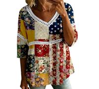 HOOUDO Tshirt Damen Tops Sommer Rundhals Oberteile Elegant Damenbluse Zum 4. Juli Mit V-Ausschnitt, 3/4-Ärmeln, Bubble-Crêpe Amerikanischem Flaggenmuster (Blue, M) Elegante Festliche Basic Bluse