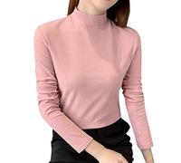 HOOUDO Tunika Damen Langarm Mock Rollkragenbluse Tops Slim Fit Stretchy Layer T-Shirts Festliche Tops (Red, L)