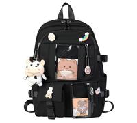 HORHEAR Rucksack Kawaii mit niedlichen Pin Zubehör, Kawaii Plüsch Spielzeug Tier Pin und Cartoon Karte, Kawaii Backpack, Schulrucksack(Style2-Schwarz)