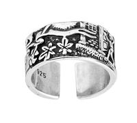 HORIALENCE Retro Ethno Damenring mit Blumenmuster aus Kupfer Verstellbarer Silberner Öffnungsring Eleganter Fingerschmuck für Selfie und Kostümdekoration