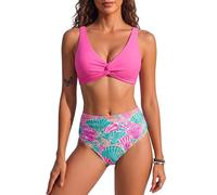HORISUN High Waist Bauchweg Bikini Set für Damen mit Twist Front V Ausschnitt gepolsterten Einlagen Raffungen Rückenbindung verstellbaren Trägern Zweiteiliger Badeanzug ohne Bügel Rosa Blumen S