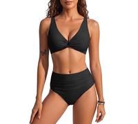 HORISUN High Waist Bauchweg Bikini Set für Damen mit Twist Front V Ausschnitt gepolsterten Einlagen Raffungen Rückenbindung verstellbaren Trägern Zweiteiliger Badeanzug ohne Bügel Schwarz M