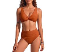 HORISUN High Waist Bauchweg Bikini Set für Damen mit Twist Front V Ausschnitt gepolsterten Einlagen Raffungen Rückenbindung verstellbaren Trägern Zweiteiliger Badeanzug ohne Bügel Kaffee XXL